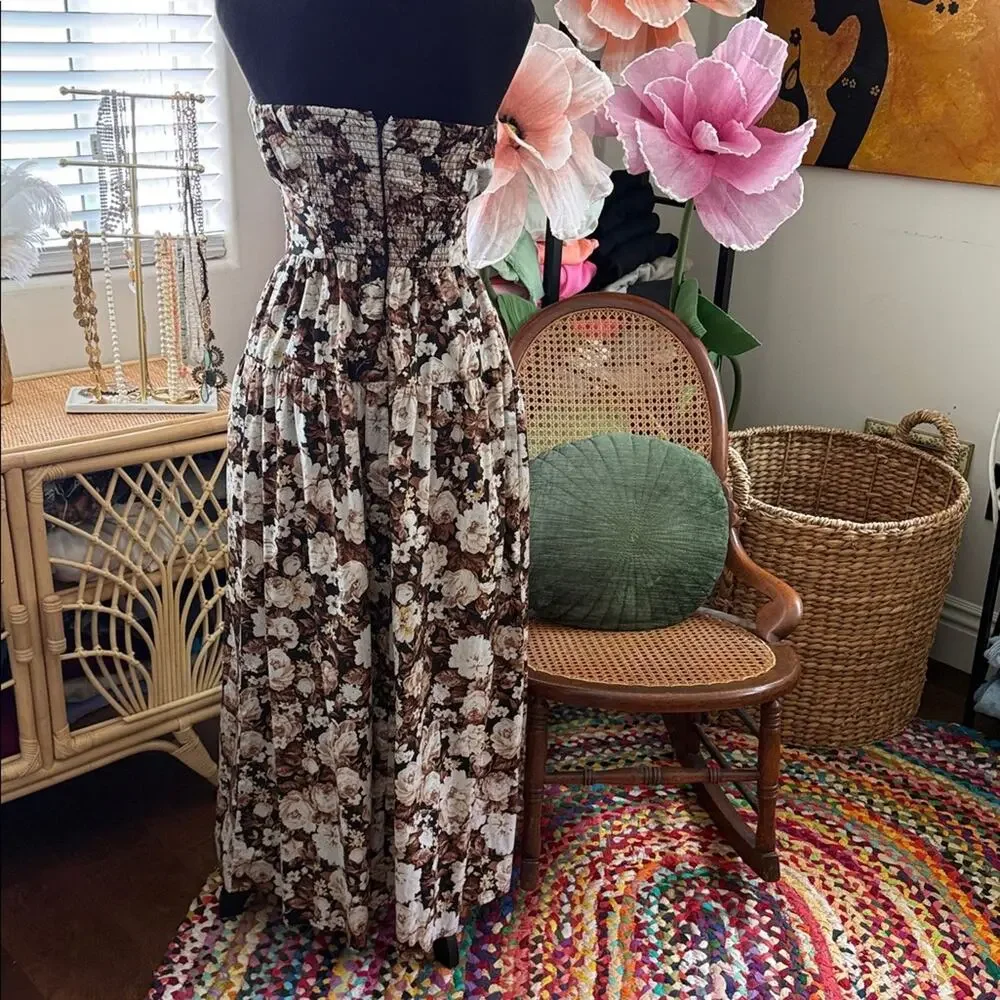 Abercrombie Floral Strapless Convertible Ruched Garden Cottage Boho Maxi Dress